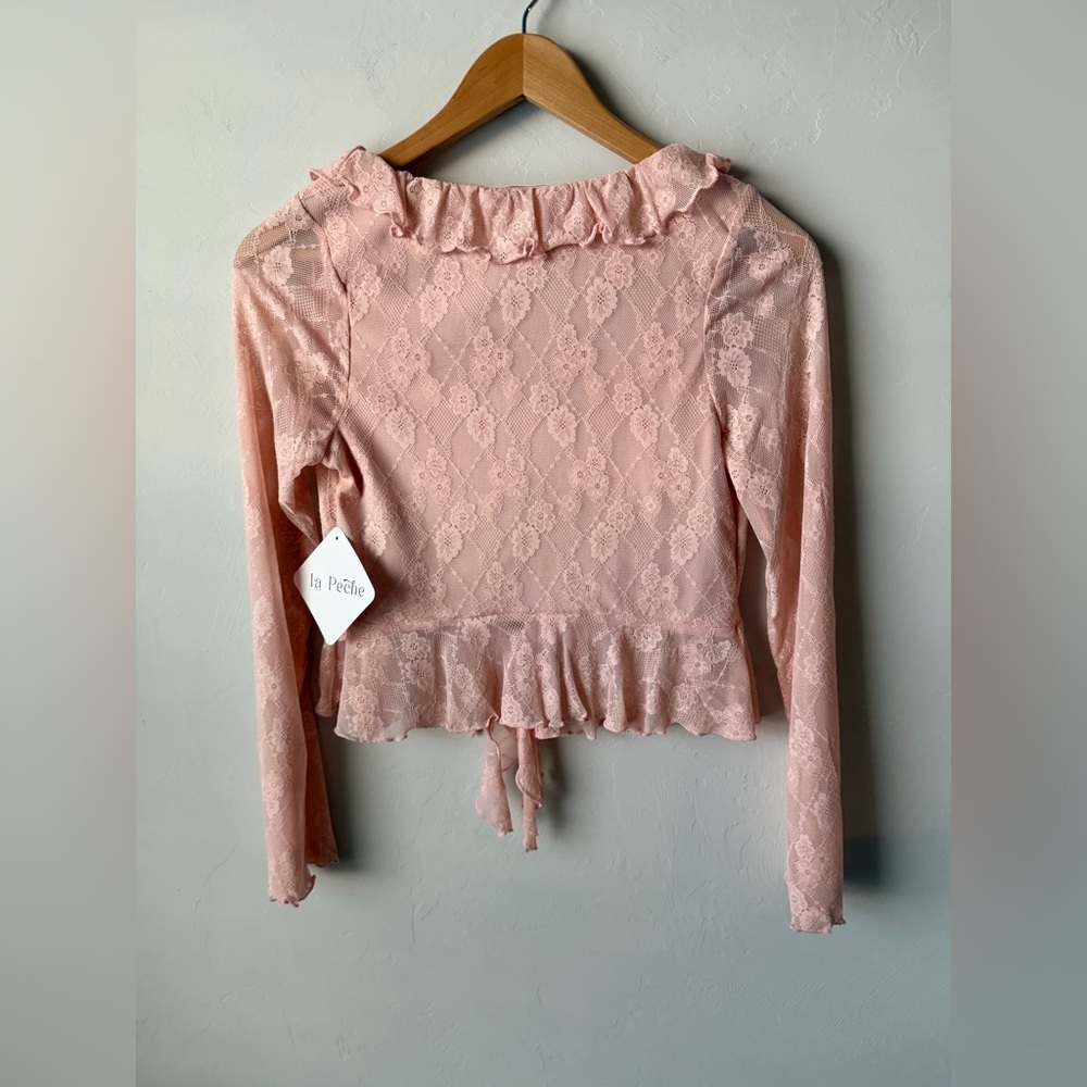 NWT La Peche Baby Pink Lace Ruffle Blouse Front Tie Top Fairycore Coquette - Picture 6 of 6